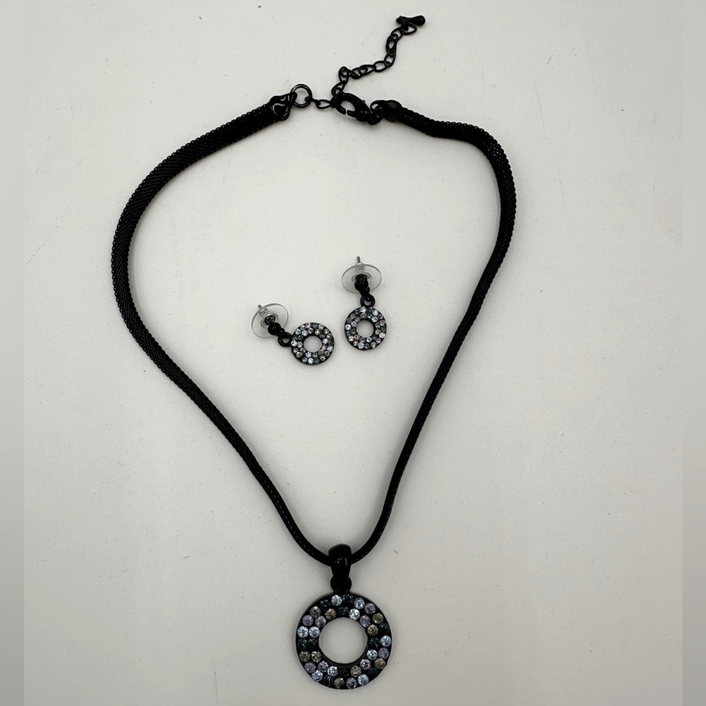 Cookie Lee Shades of Blue Crystals with Black Chain Necklace and Earring Set